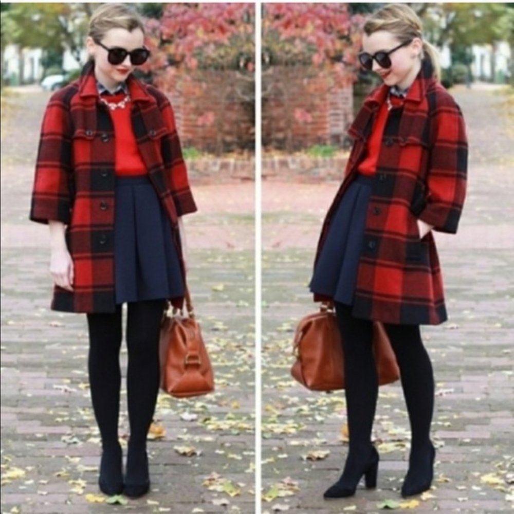 GAP Buffalo Plaid 3/4 Sleeve Wool Coat